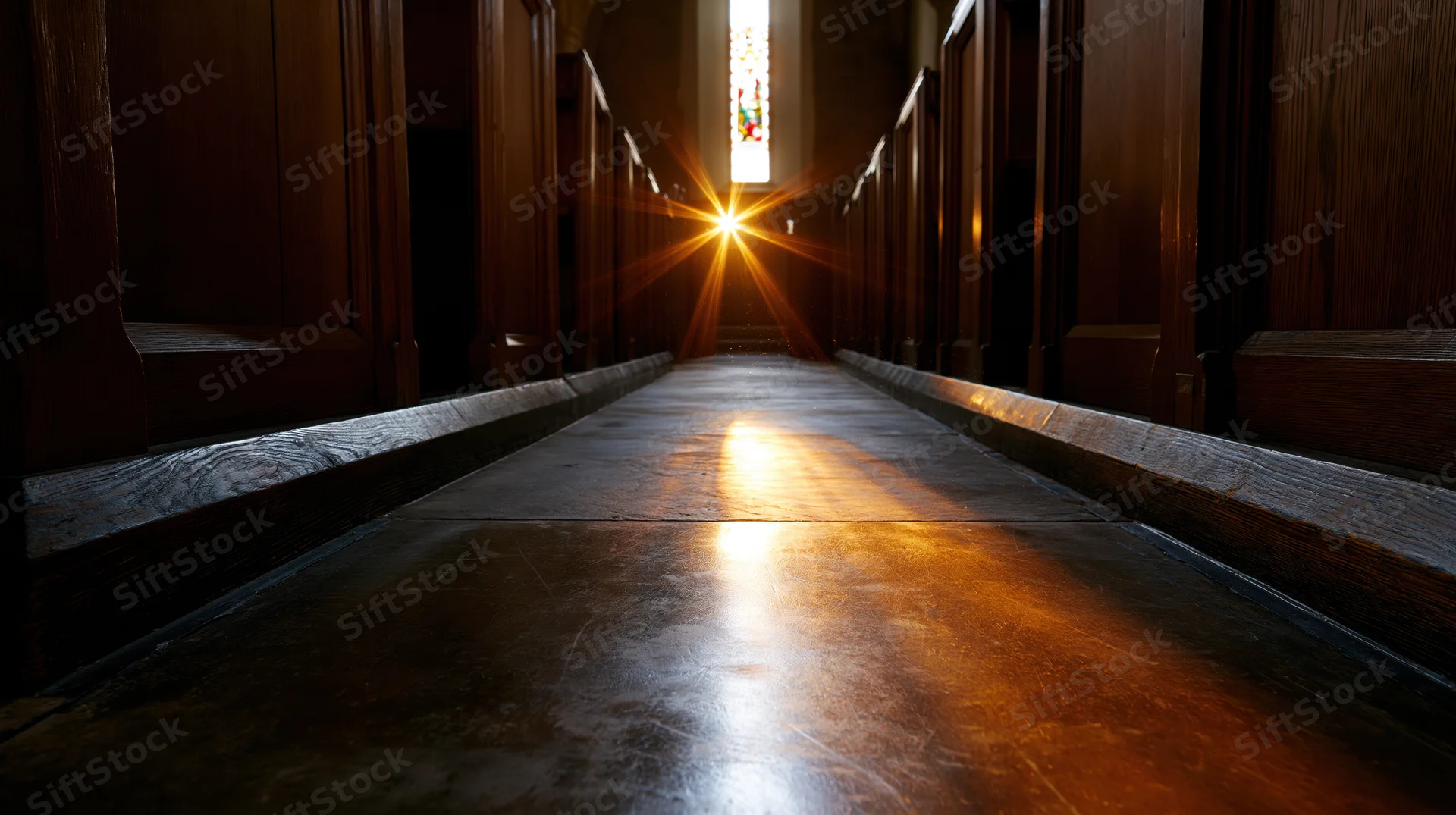 Empty church aisle with wooden pews and sunlight streaming through stained glass window
