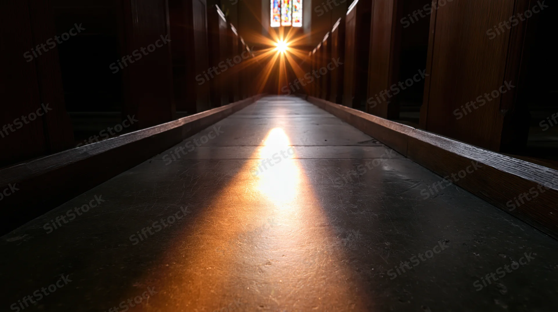 Sunlight streaming through stained glass window down empty church aisle lined with wooden pews