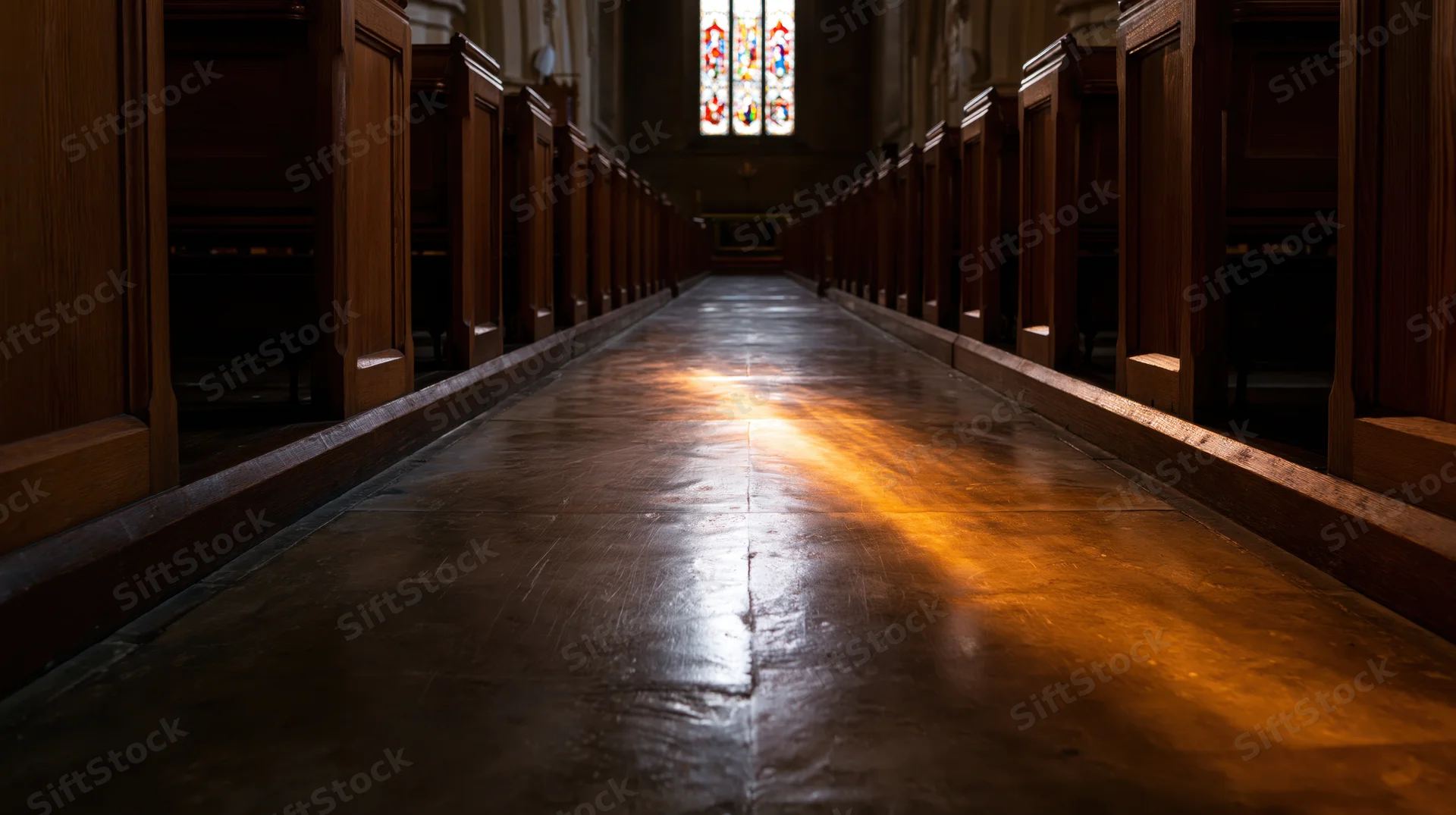 Empty church aisle with wooden pews and stained glass light on stone floor