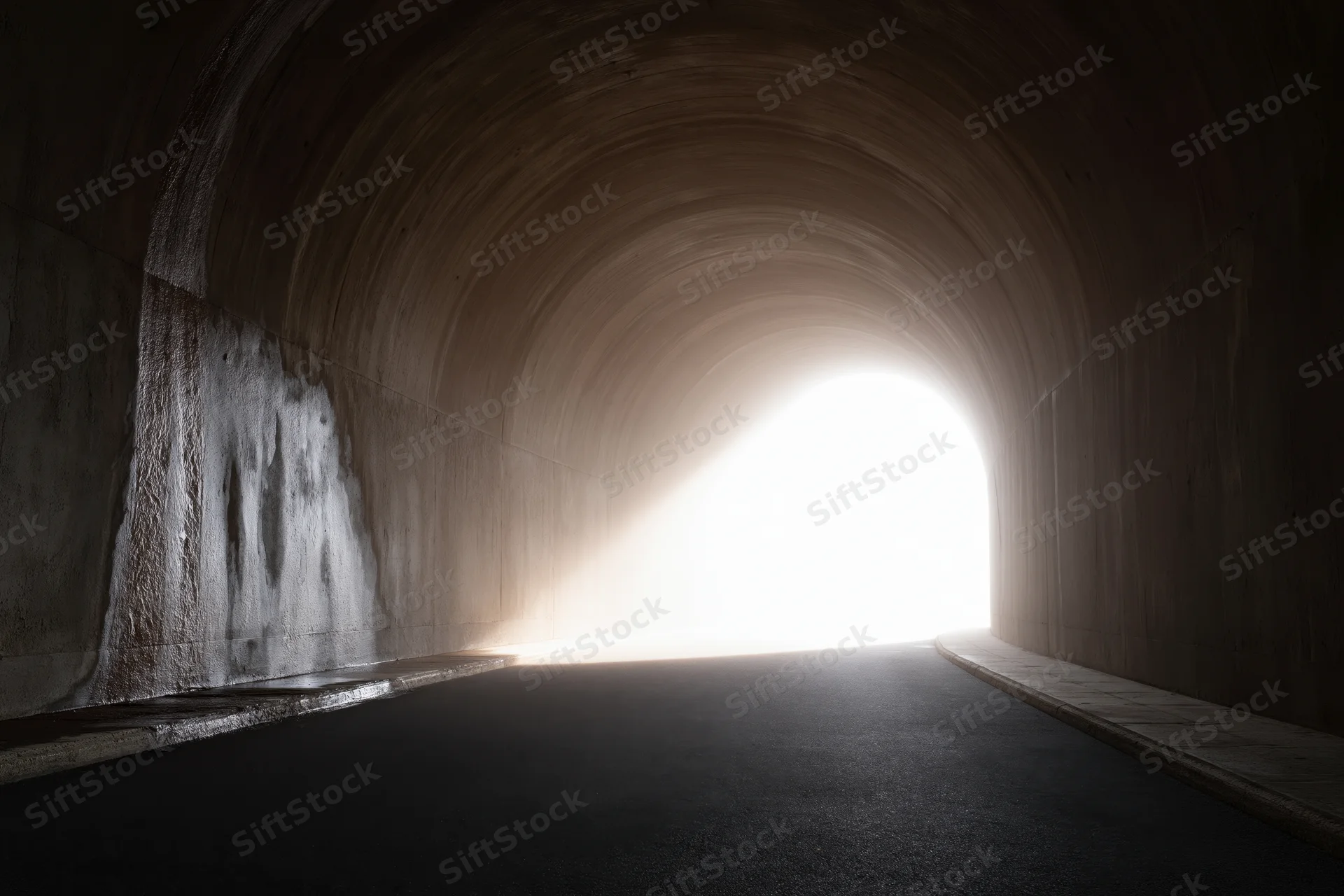 Empty concrete road tunnel viewed from inside looking toward bright exit light
