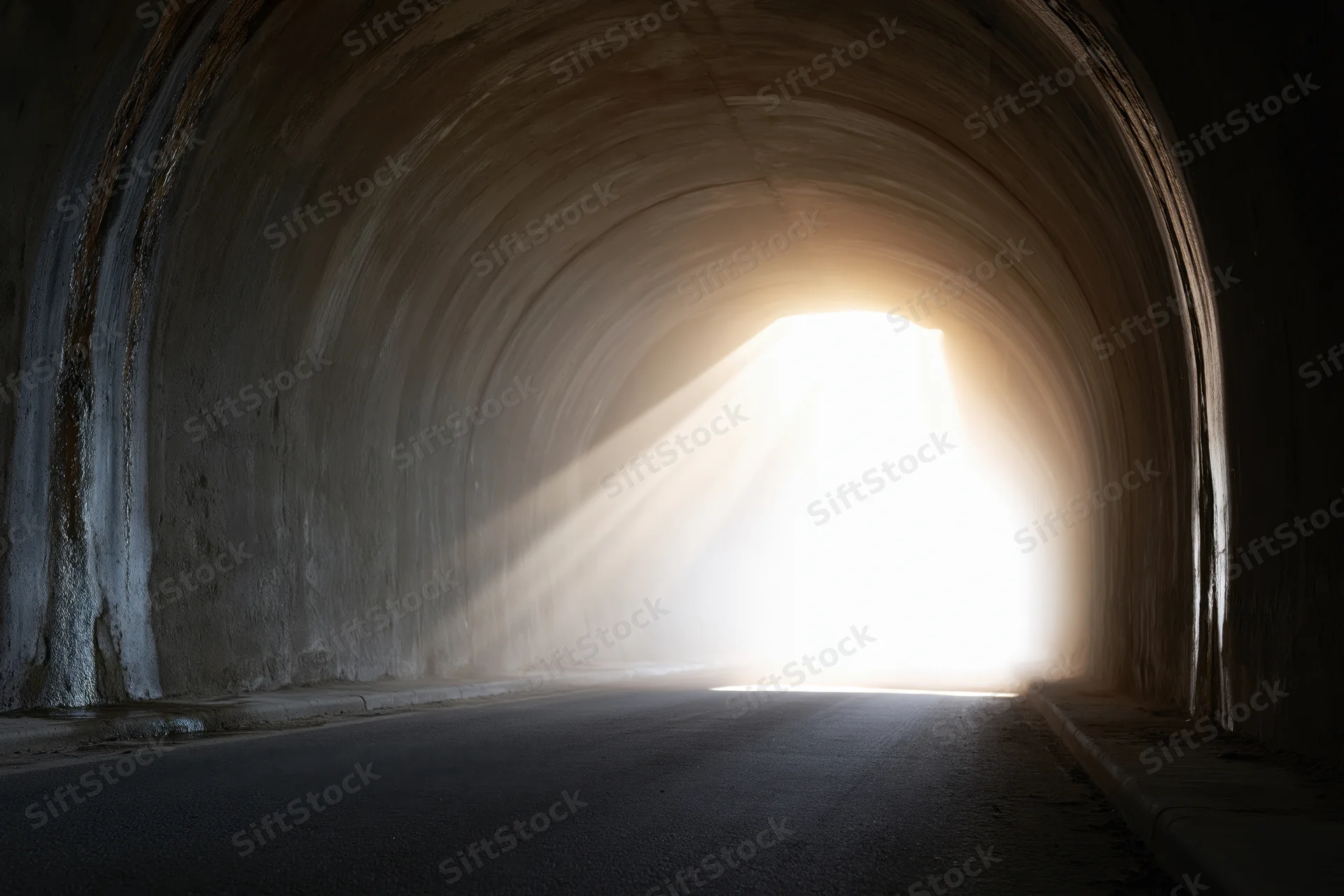 Concrete road tunnel interior viewed toward bright exit light at end