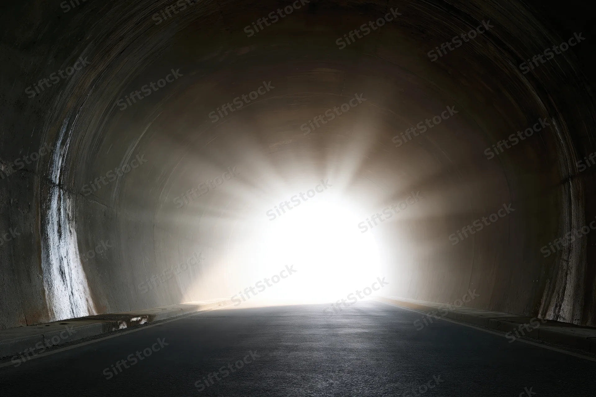 Empty concrete road tunnel viewed from inside looking toward bright exit light