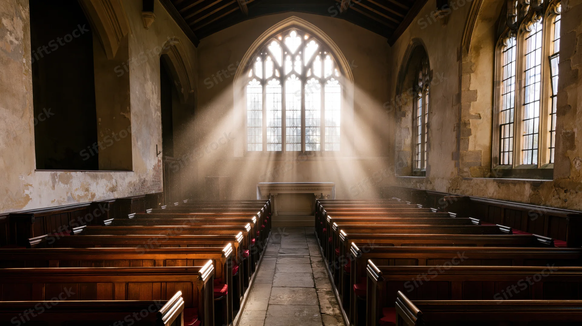 Empty historic church interior with rows of wooden pews and sunlight streaming through gothic windows