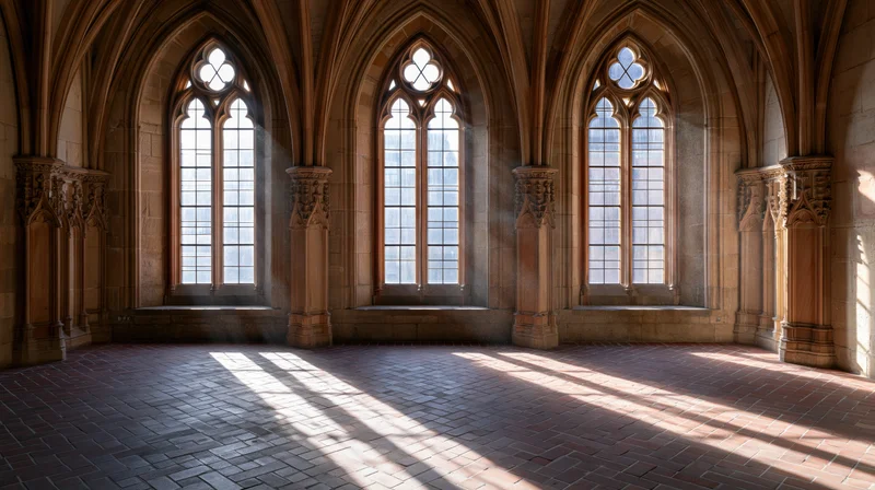 Empty gothic stone hall with three tall pointed arched windows and vaulted ceiling, interior view