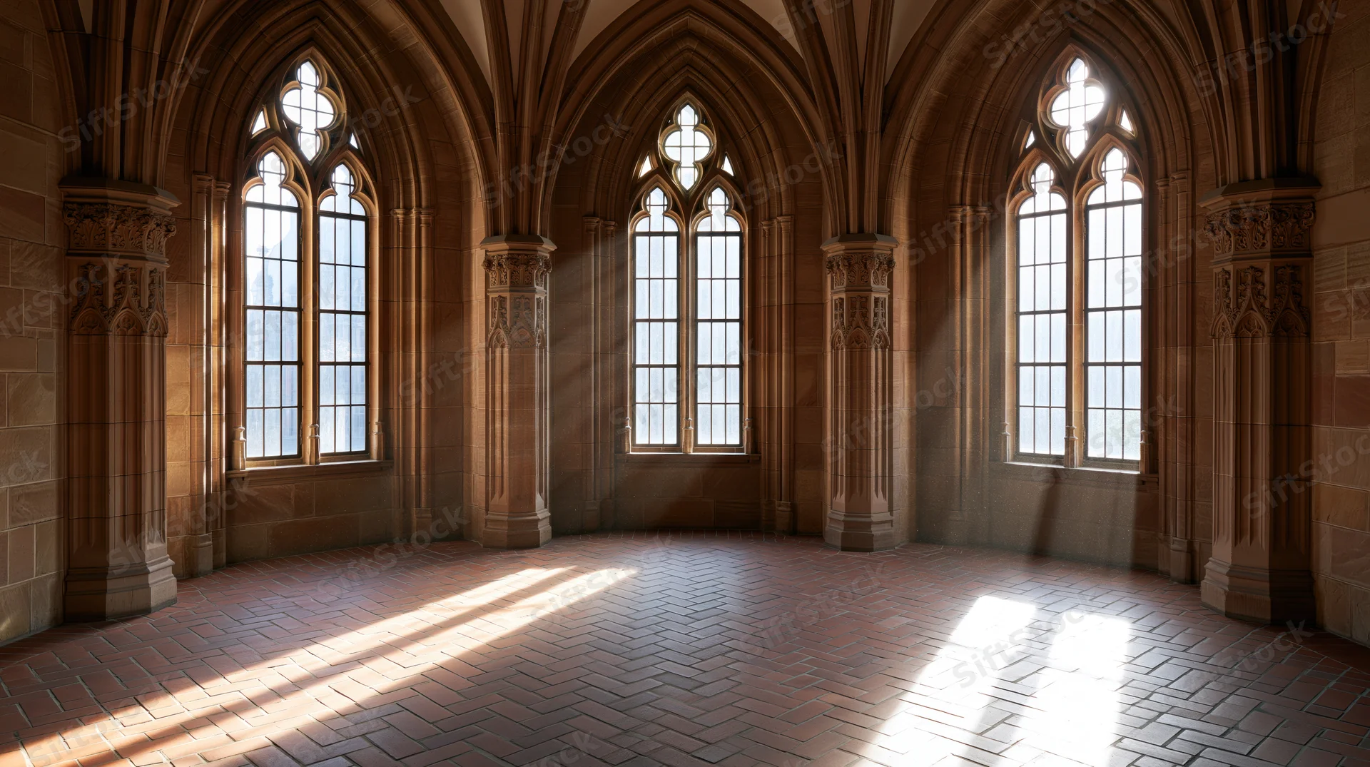Empty gothic stone hall with arched windows and vaulted ceiling, sunlight streaming through tall pointed windows onto brick floor
