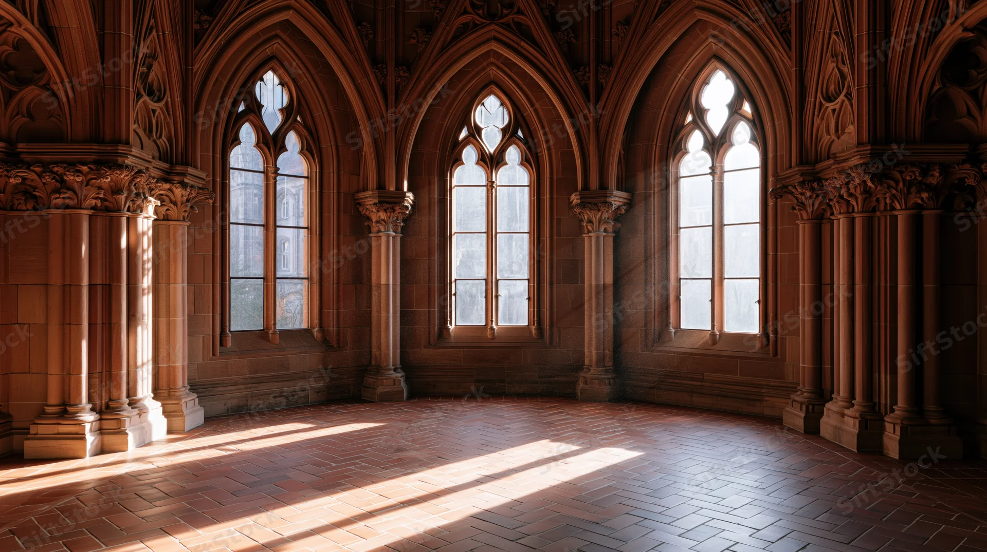 Empty gothic stone hall with arched windows and columns, sunlight streaming through tall pointed windows onto brick floor