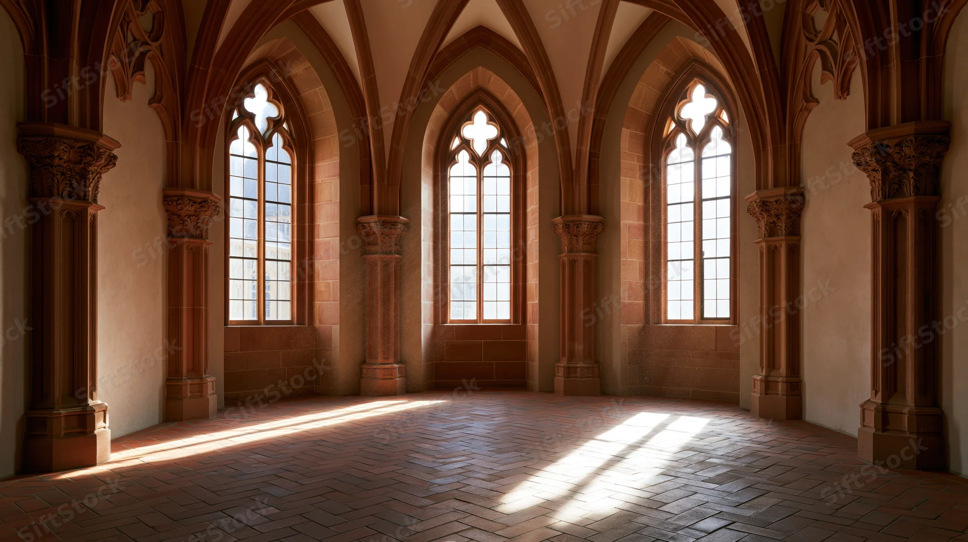 Empty gothic stone hall with arched windows and vaulted ceiling, sunlight streaming through tall pointed windows onto herringbone brick floor