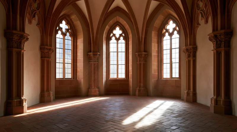 Empty gothic stone hall with arched windows and vaulted ceiling, sunlight streaming through tall pointed windows onto herringbone brick floor