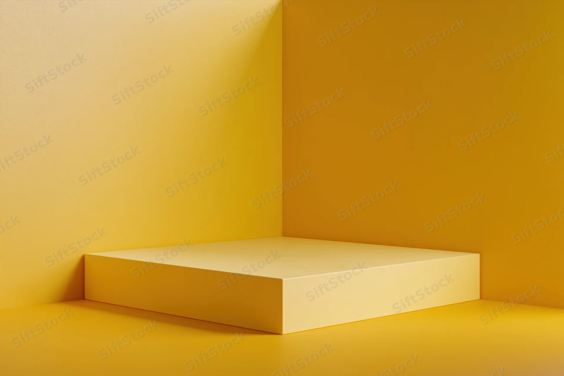 Minimalist yellow pedestal in a studio corner for product display