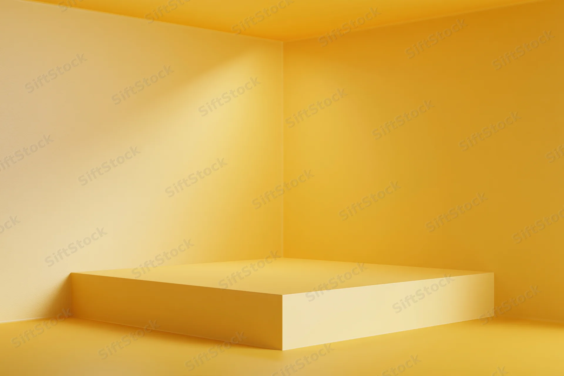 Minimalist yellow pedestal in a corner studio space