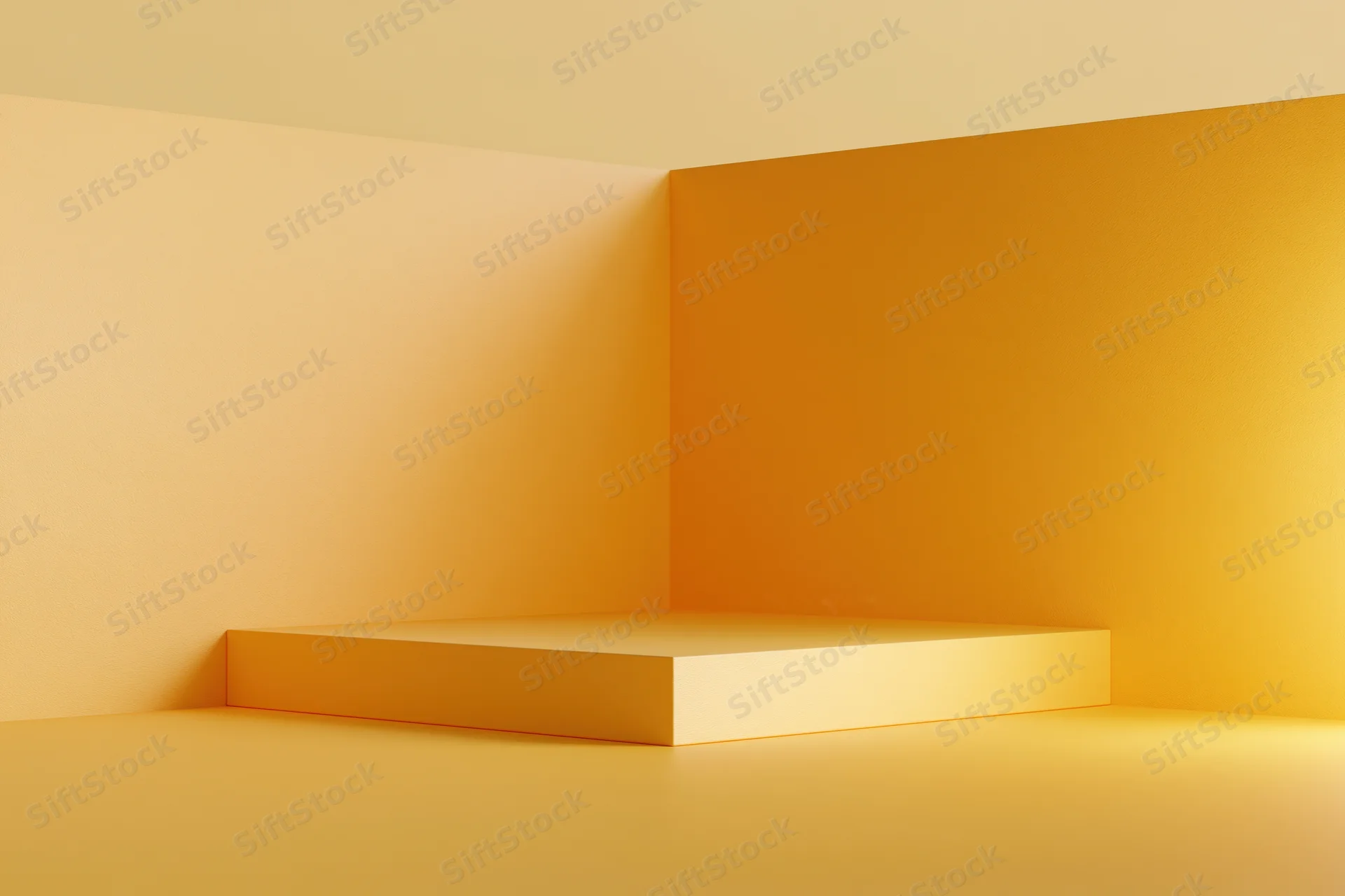 Minimalist product display pedestal in a corner studio with warm yellow lighting