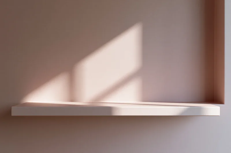 Empty minimalist shelf mounted on a flat matte wall with sunlight casting angular shadows