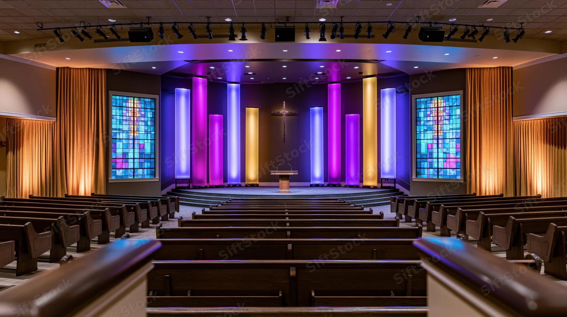 Empty modern church sanctuary with central altar and stained glass windows viewed from pews