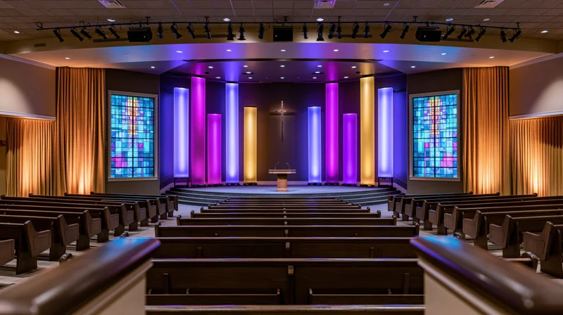 Empty modern church sanctuary with central altar and stained glass windows viewed from pews