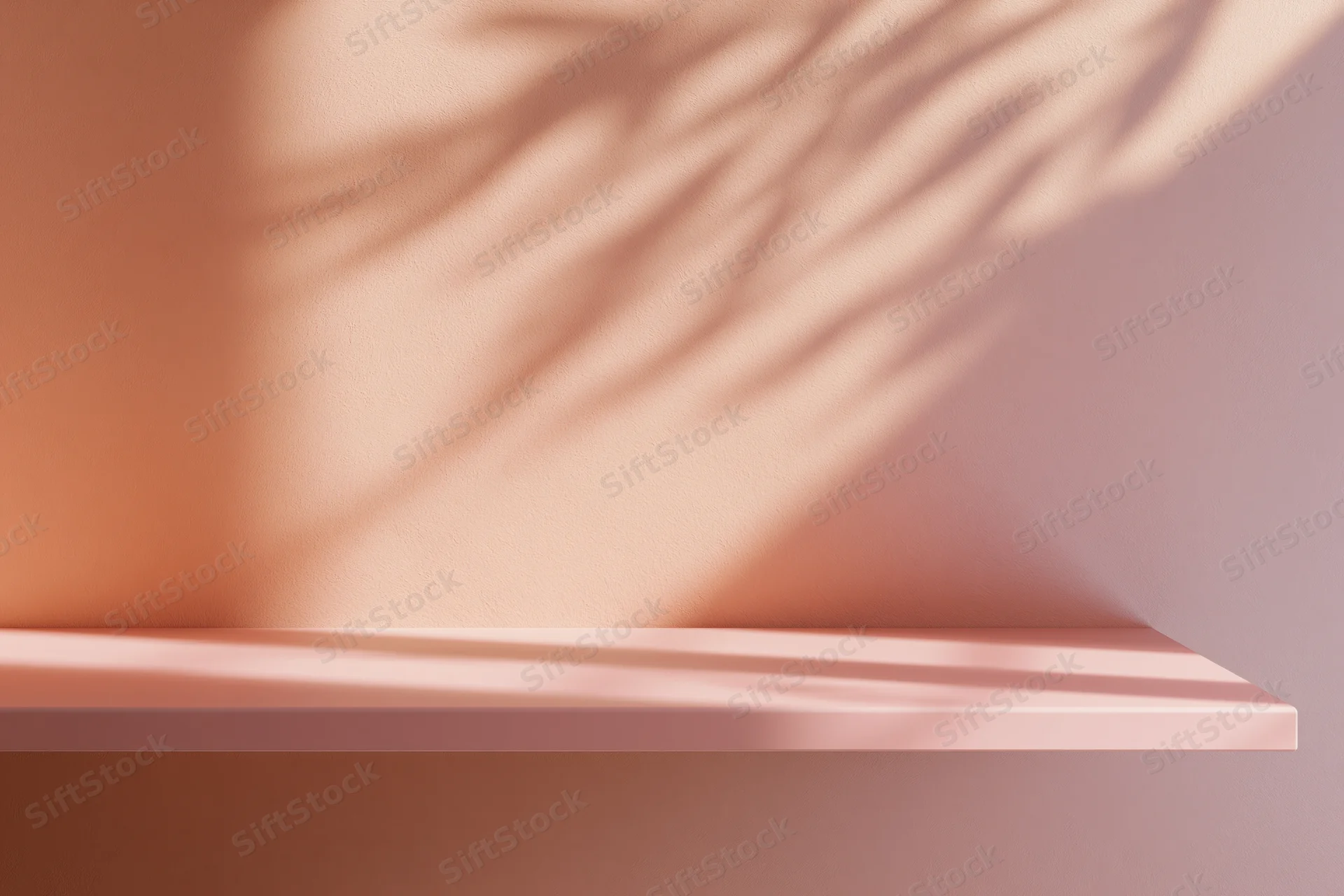 Empty smooth shelf against a wall with palm leaf shadows