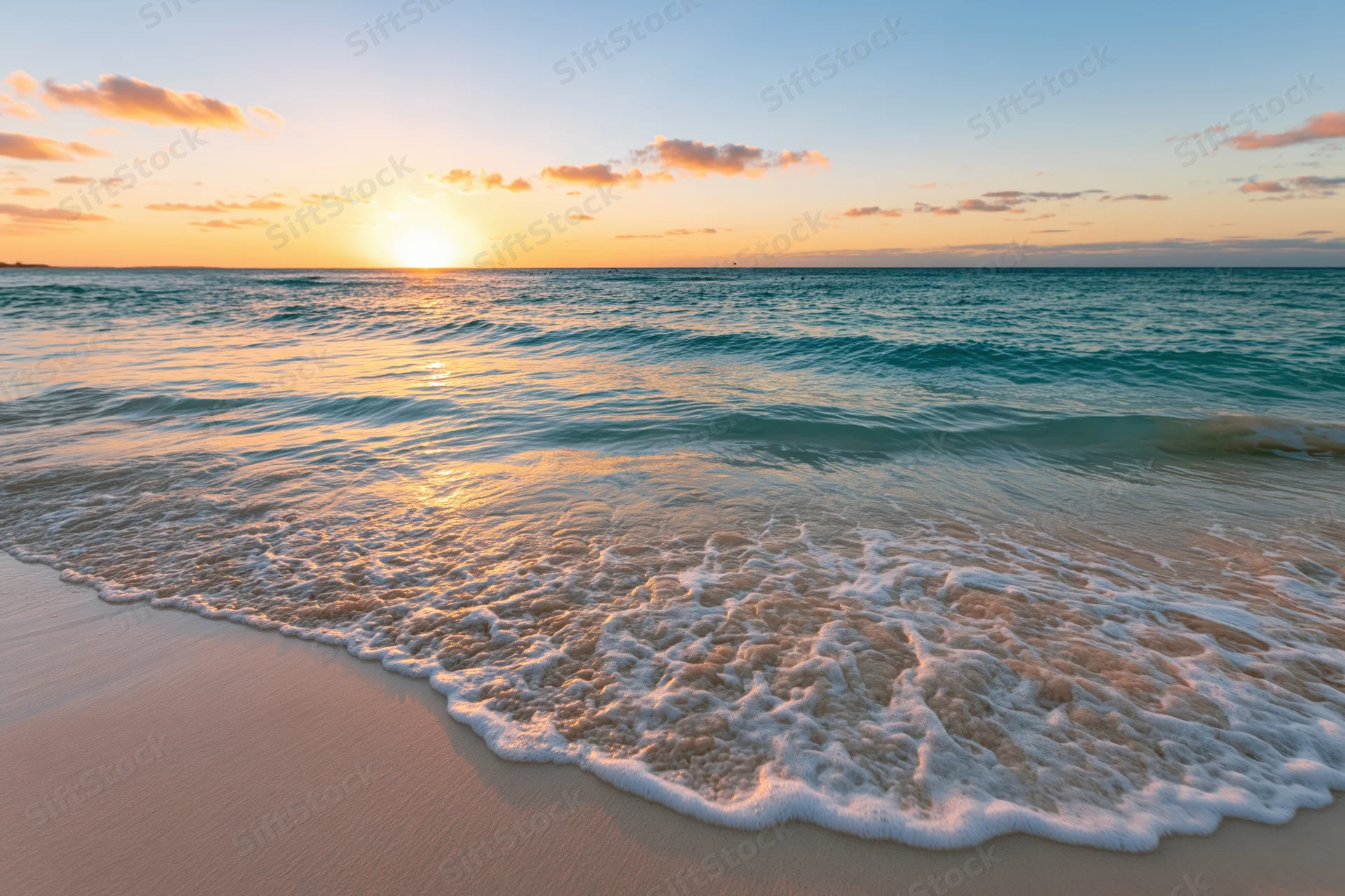 Gentle wave with foam washing onto sandy beach at sunset