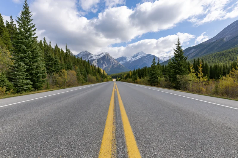 Empty two-lane asphalt highway with yellow center dashes stretching toward snow-capped mountains flanked by pine forest in autumn