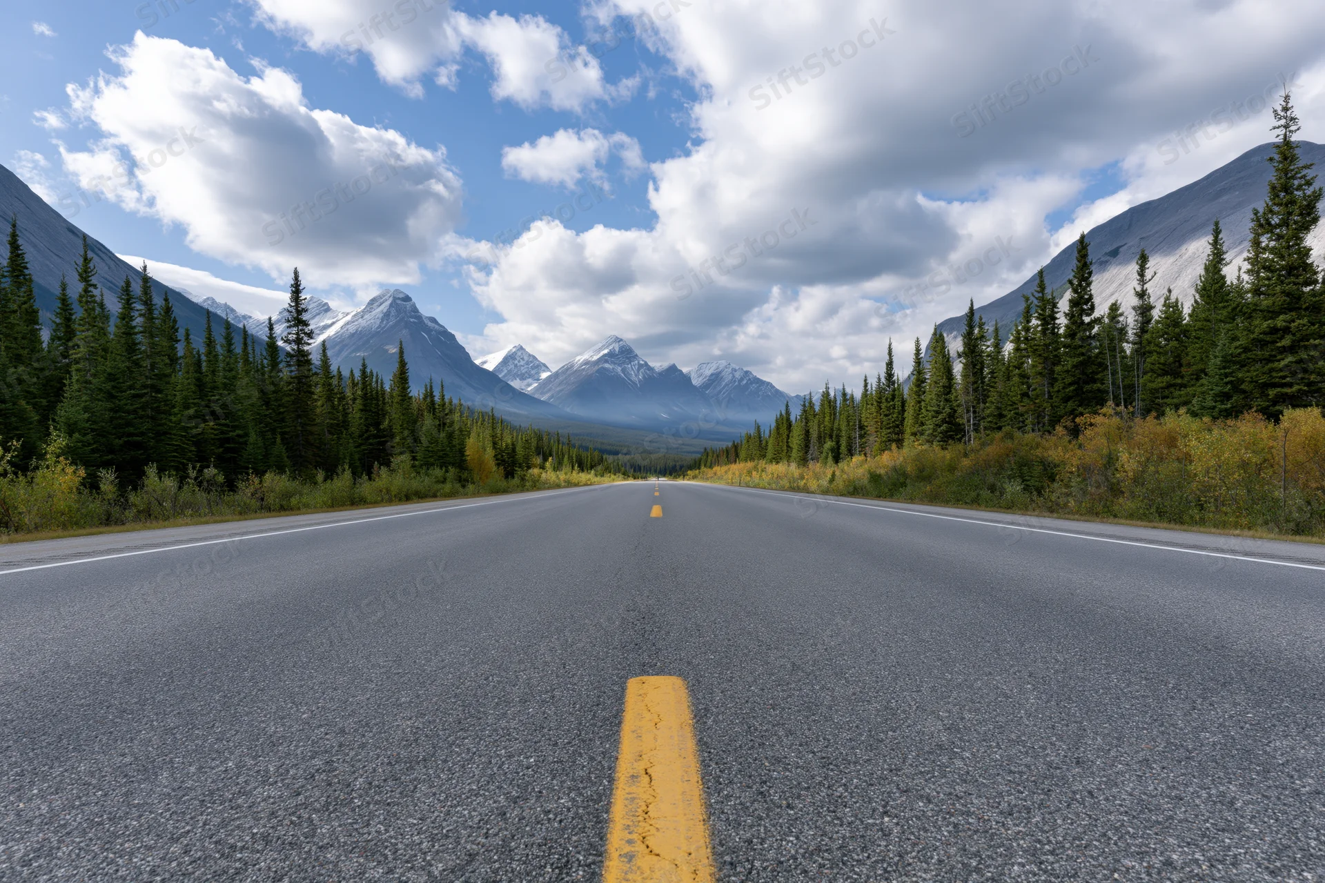 Empty two-lane asphalt highway with yellow center dashes stretching toward snow-capped mountains flanked by pine forest and autumn foliage