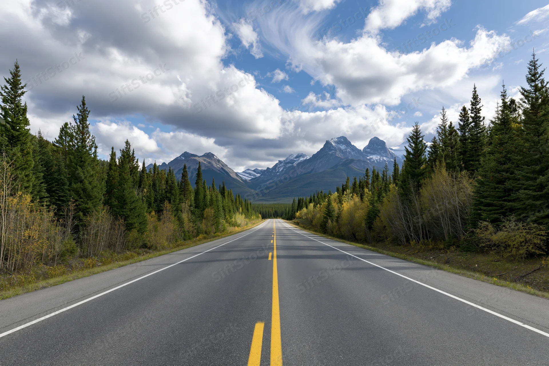 Empty two-lane asphalt highway with yellow center dashes stretching toward snow-capped mountains framed by evergreen forest and autumn foliage under a partly cloudy sky