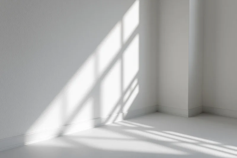 Empty white room with sunlight casting shadows on walls and floor in corner