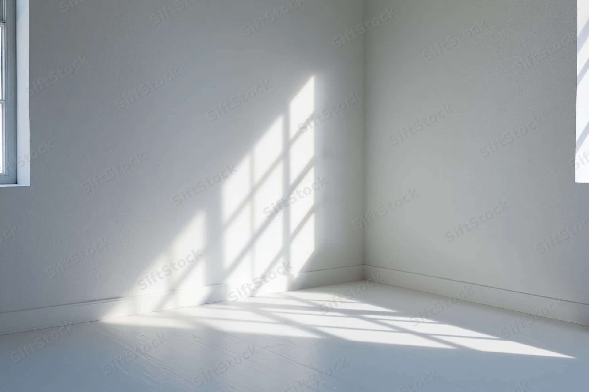 Empty white room with sunlight casting grid shadows on walls and floor from window