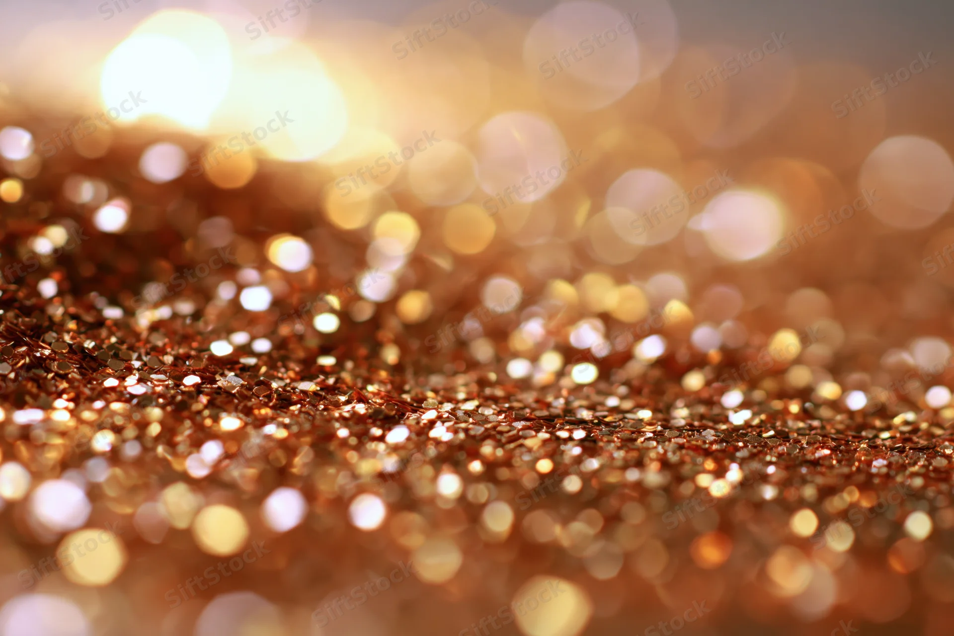 Scattered gold and bronze glitter particles on a textured surface with bokeh lights in the background