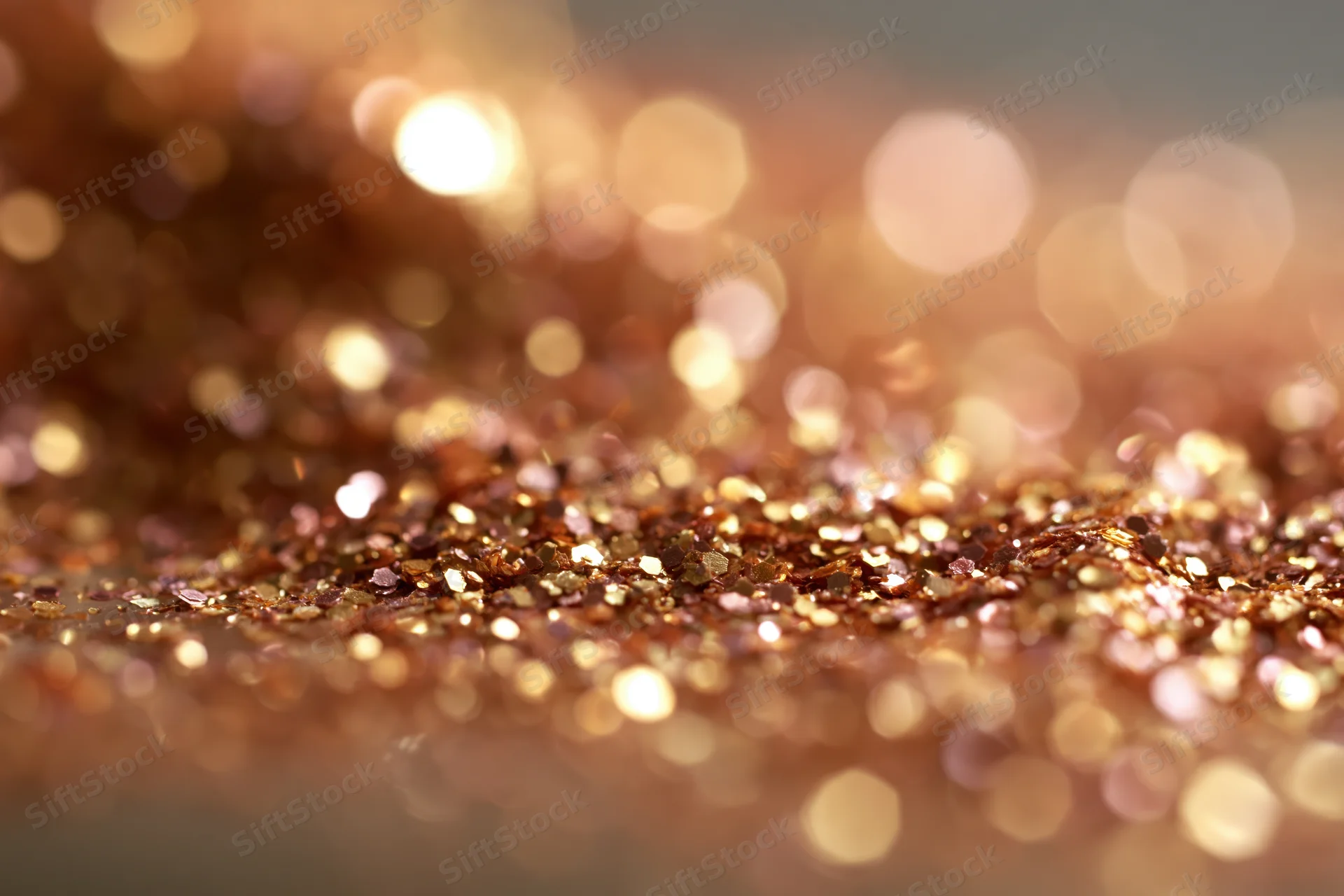 Scattered gold and bronze glitter particles on a textured surface with bokeh lights in the background