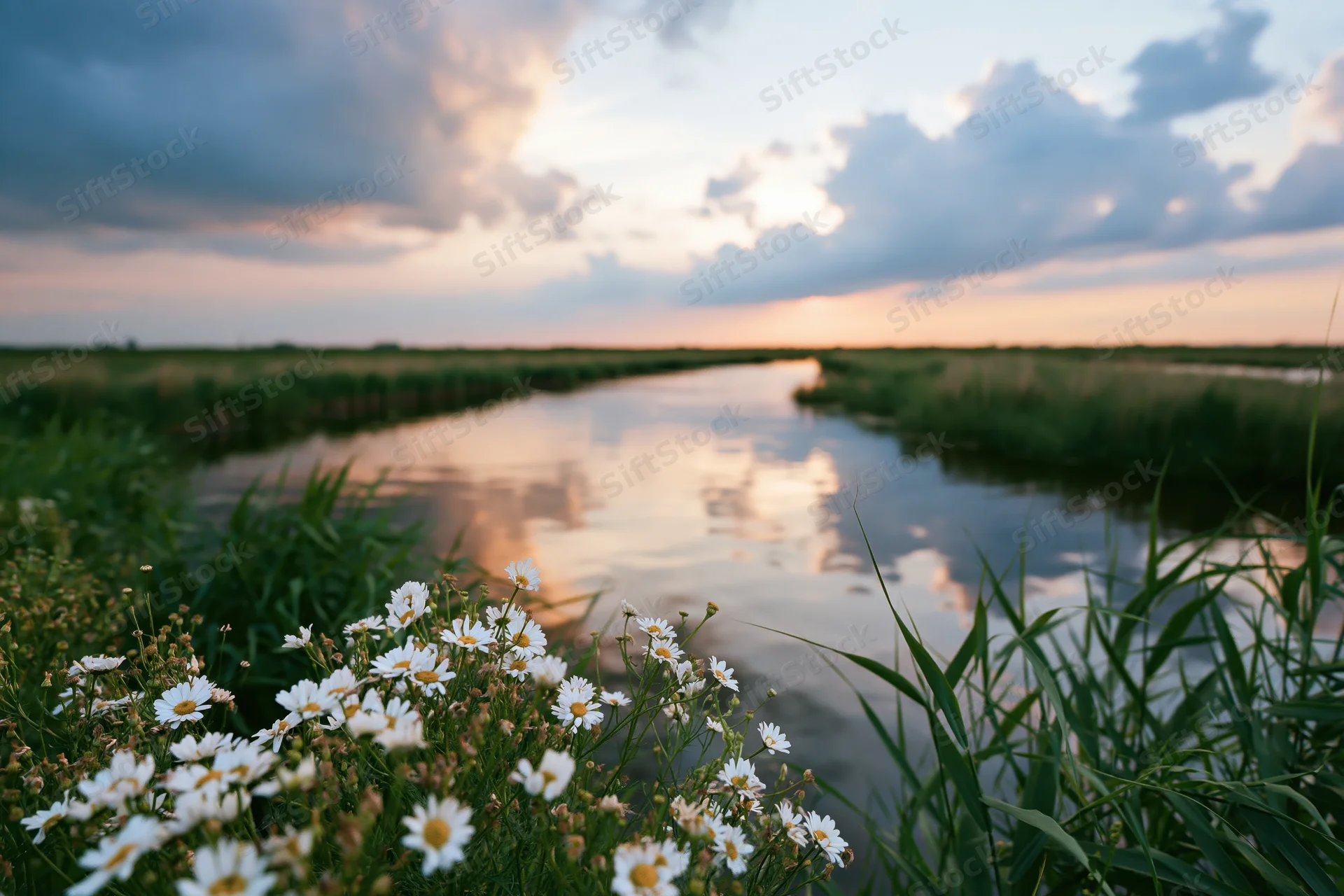 White daisies blooming beside a calm canal in a Dutch polder at sunset