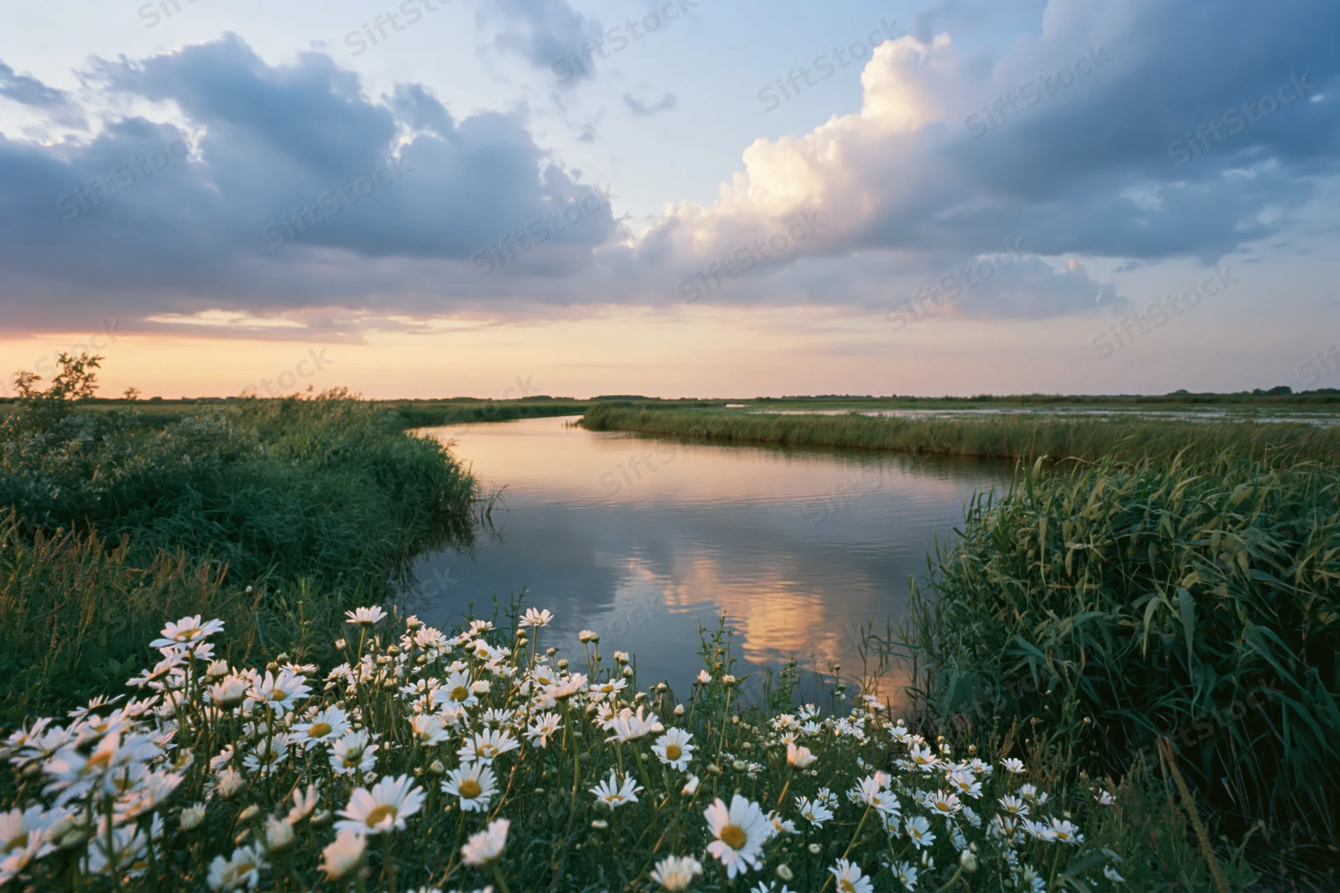 Daisies blooming along a calm canal in a flat polder landscape at sunset