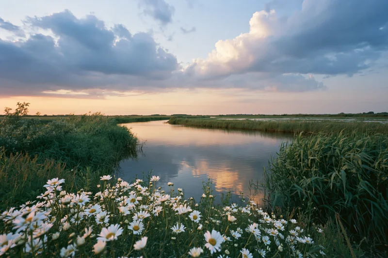 Daisies blooming along a calm canal in a flat polder landscape at sunset