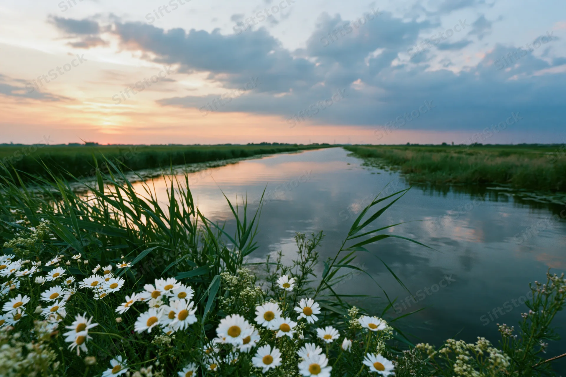 Daisies blooming along a calm canal in a flat polder landscape at sunset