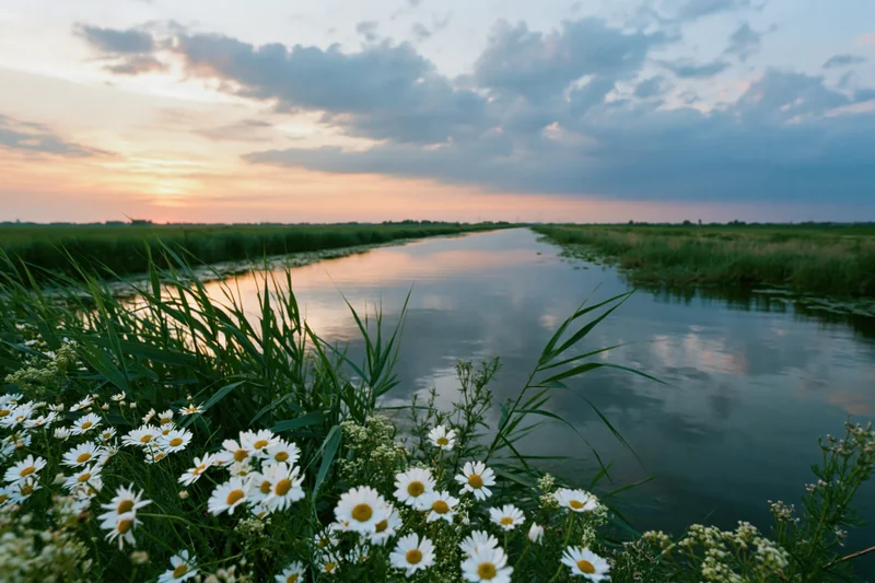 Daisies blooming along a calm canal in a flat polder landscape at sunset