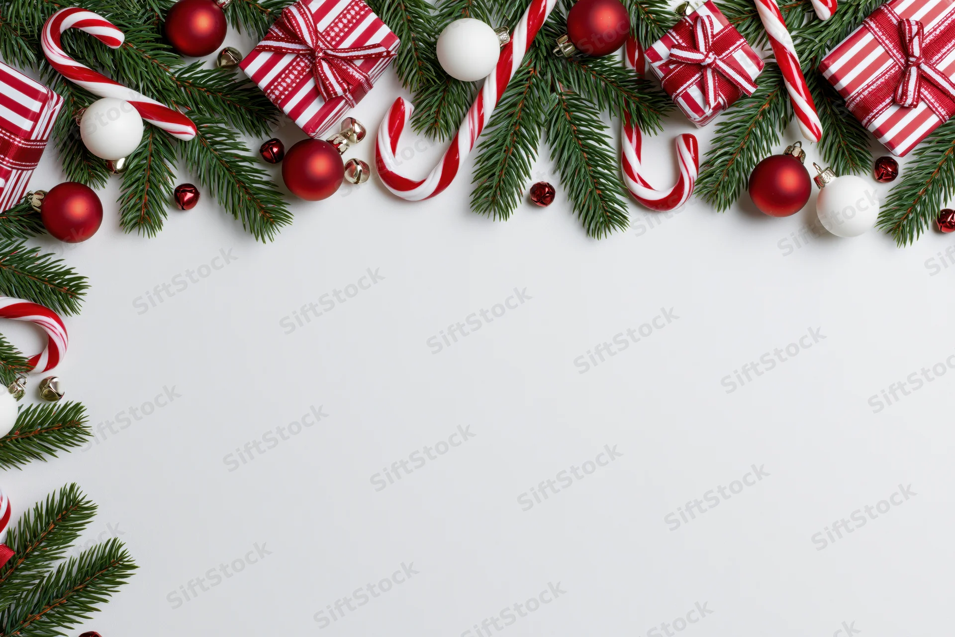 Christmas decoration border arranged along top and left edge with pine branches, ornaments, candy canes, and gifts on white background