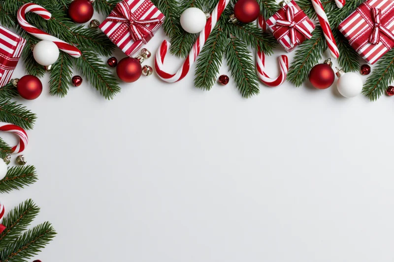 Christmas decoration border arranged along top and left edge with pine branches, ornaments, candy canes, and gifts on white background