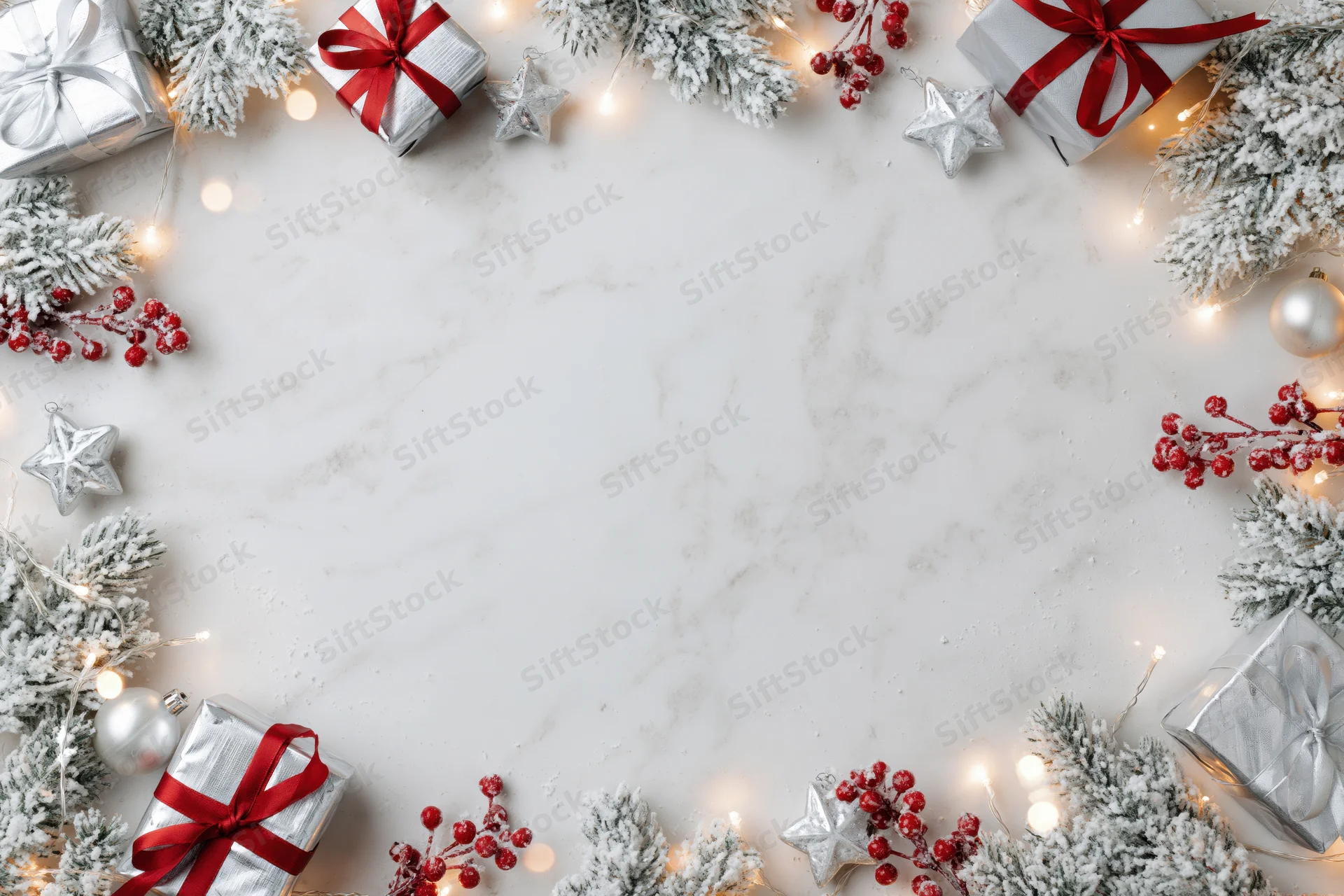 Christmas border frame with gifts and decorations on white marble surface