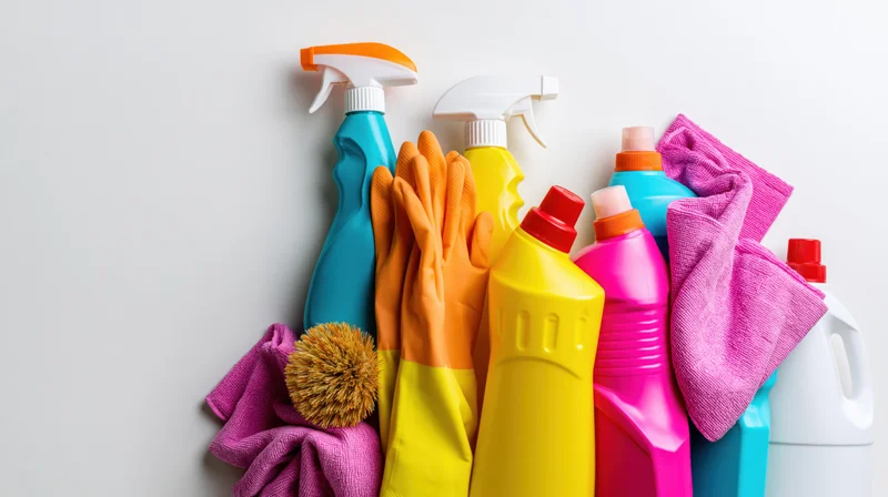 Colorful household cleaning supplies arranged in flat lay on white background with copyspace