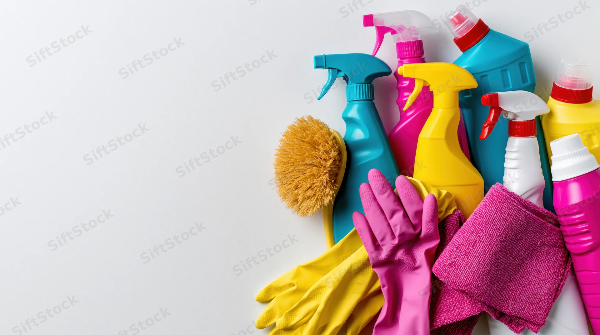 Household cleaning supplies arranged in flat lay on white background with copyspace