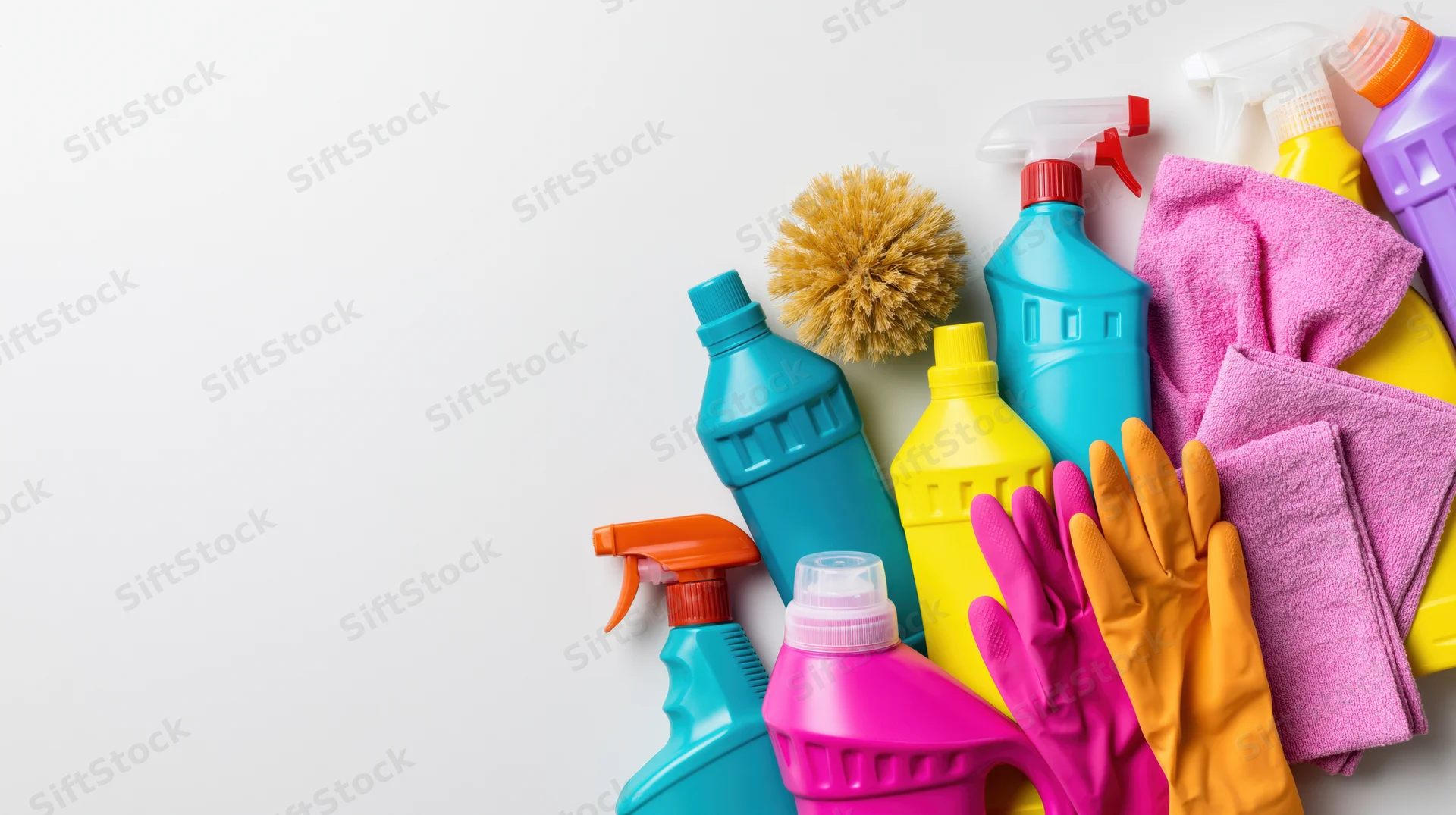 Household cleaning supplies arranged in flat lay on white background with copyspace
