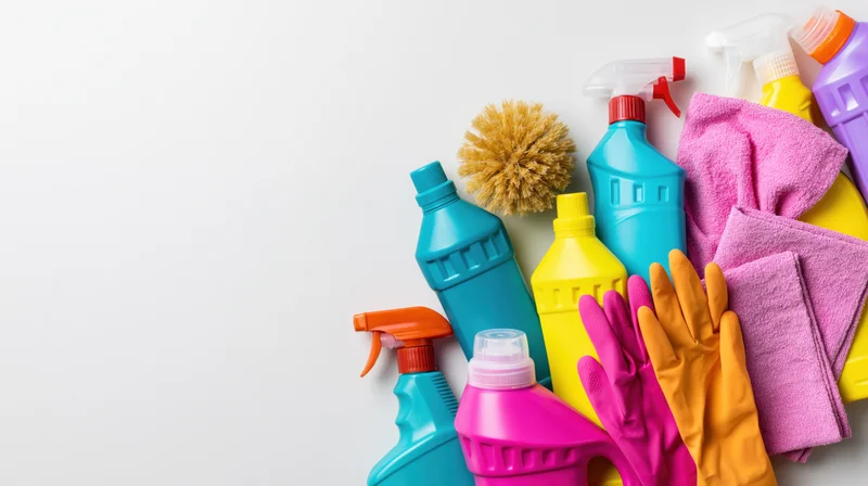 Household cleaning supplies arranged in flat lay on white background with copyspace