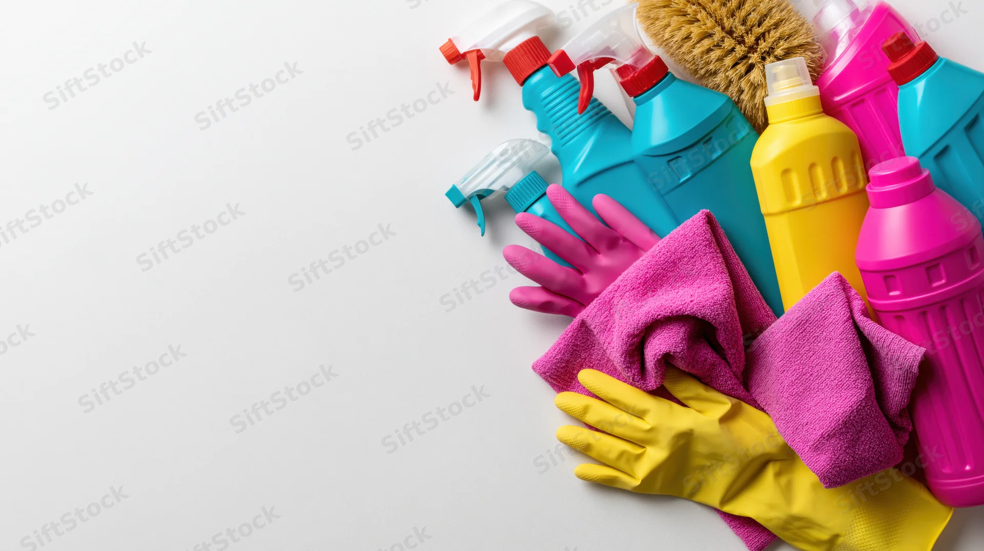 Household cleaning supplies arranged in flat lay on white surface with copyspace
