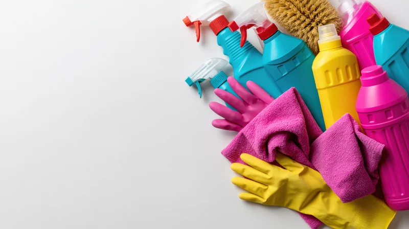 Household cleaning supplies arranged in flat lay on white surface with copyspace