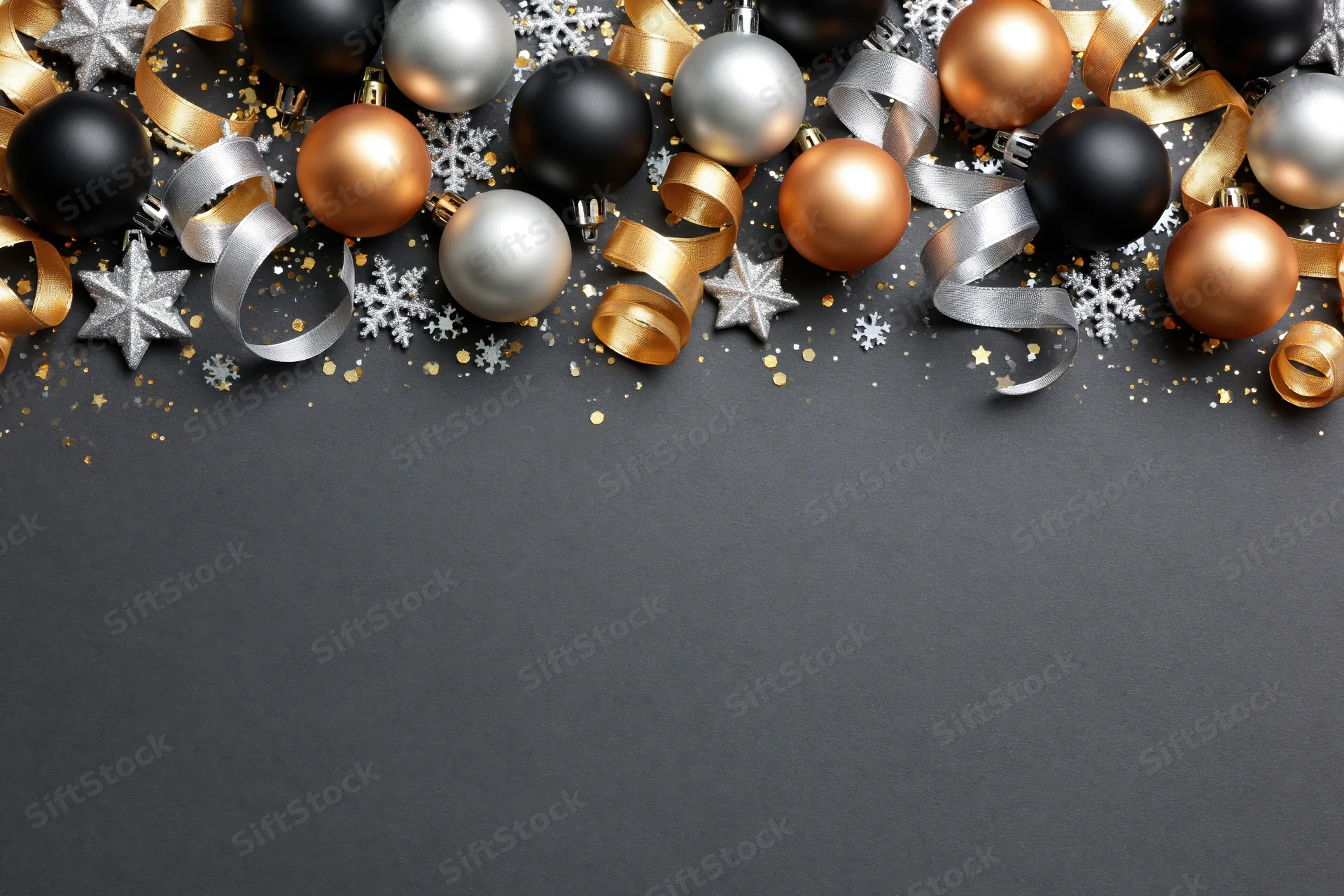 Christmas ornaments arranged along the top edge of a dark surface with copyspace below