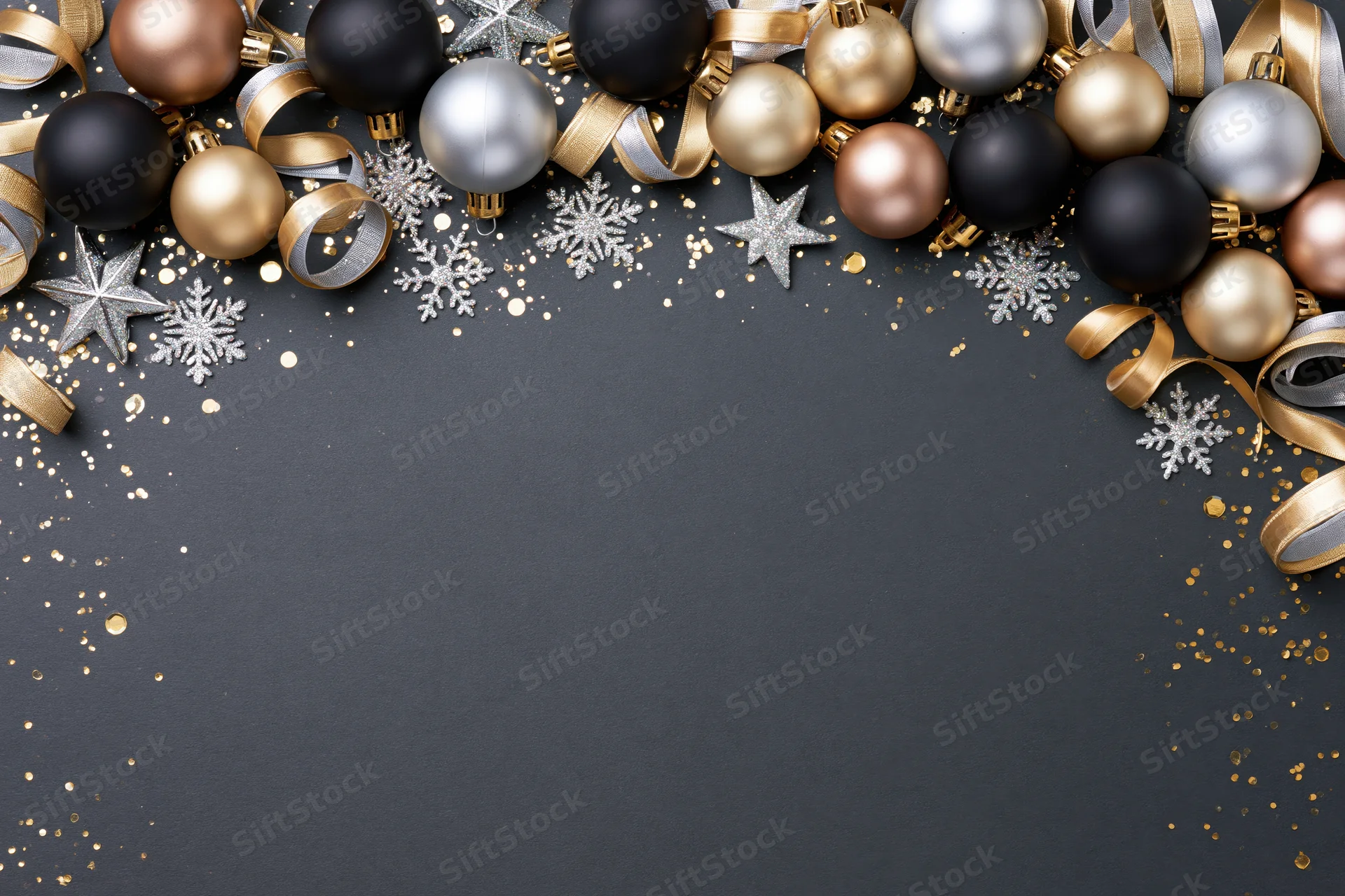 Christmas ornaments arranged along the top edge of a dark surface with copyspace below