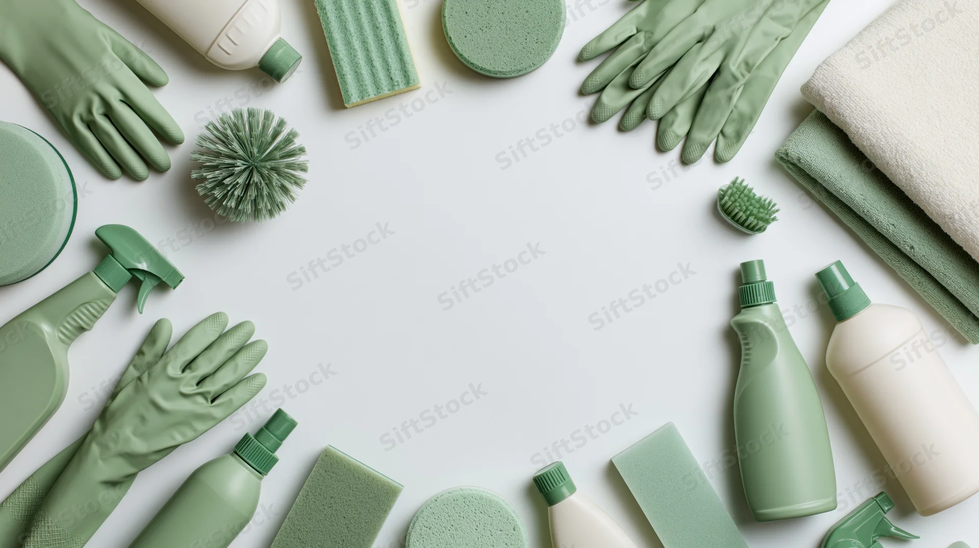 Green and white household cleaning supplies arranged in a flat lay with copyspace in the center