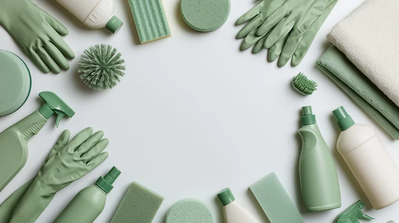 Green and white household cleaning supplies arranged in a flat lay with copyspace in the center