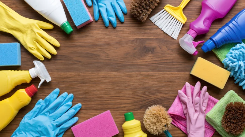 Household cleaning supplies arranged in a border on wooden surface