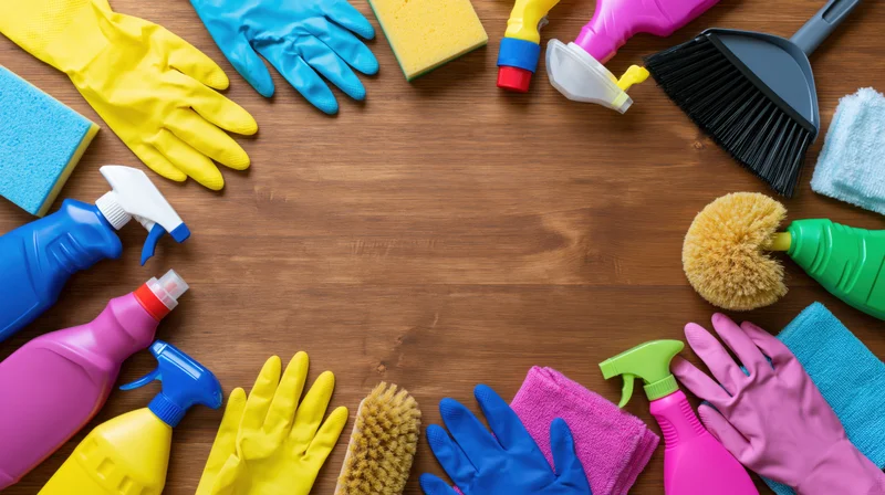 Household cleaning supplies arranged in a border on a wooden surface