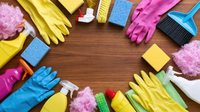 Household cleaning supplies arranged in a border on a wooden surface