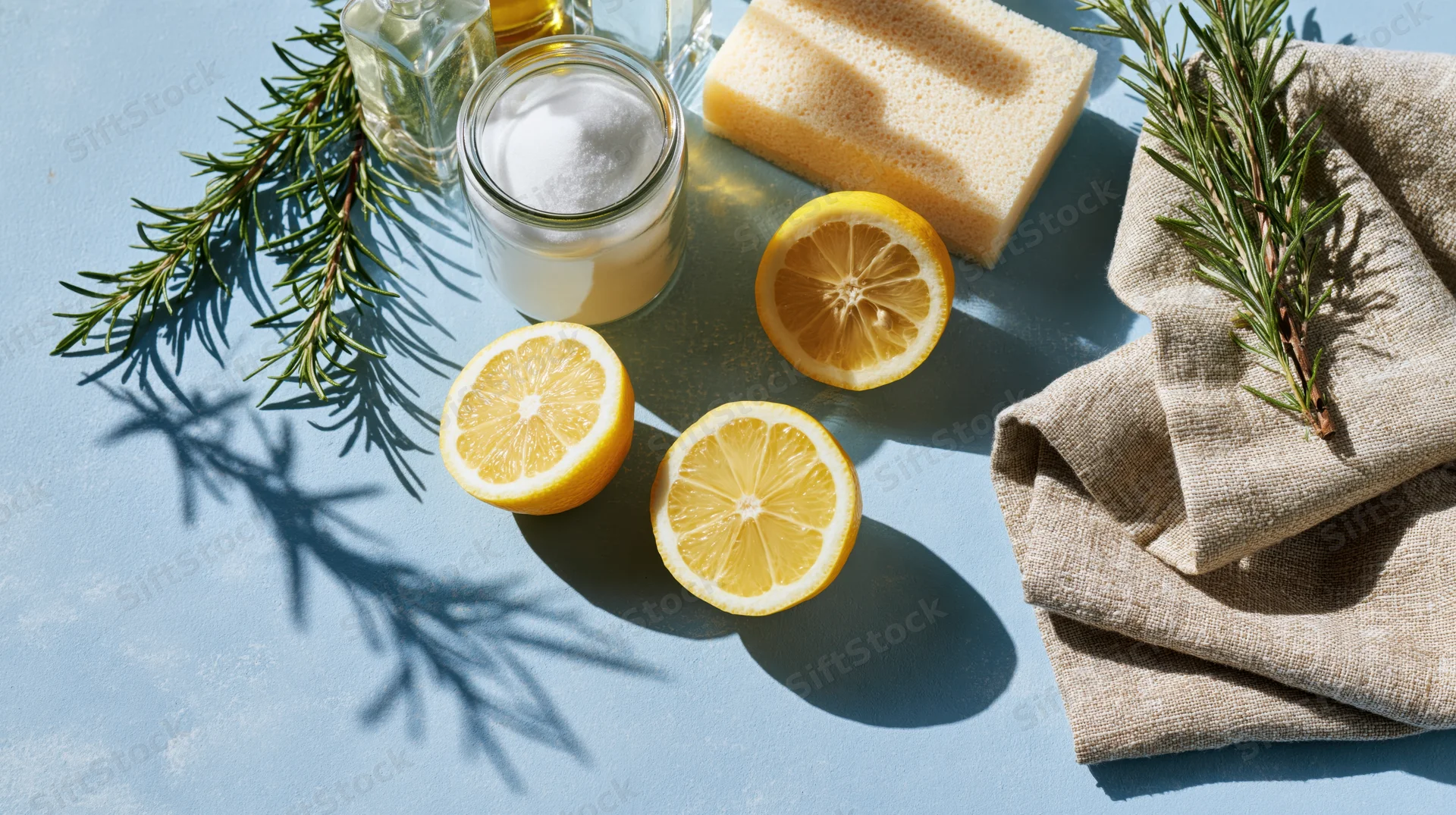 Natural cleaning supplies arranged in flat lay on pale blue surface