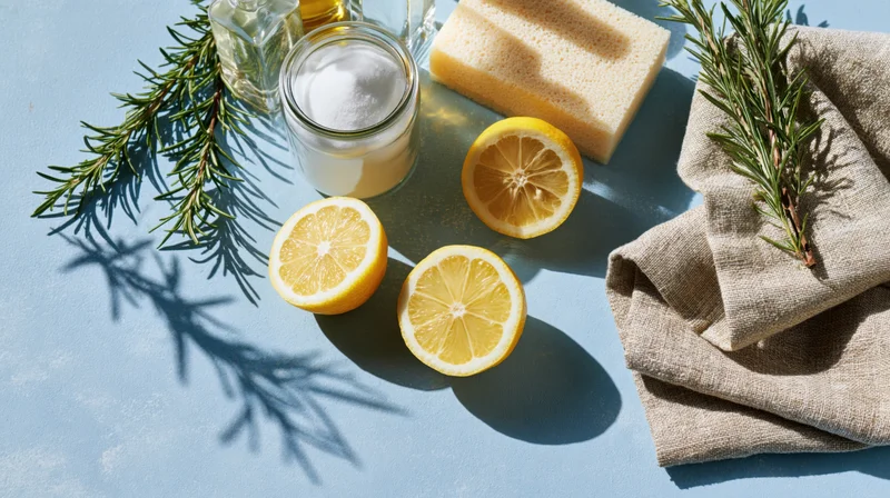 Natural cleaning supplies arranged in flat lay on pale blue surface